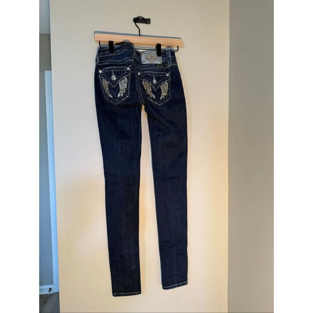 Miss Me Angel Wing Bling Embellished Flap Pocket Skinny Jeans Dark Denim Size 24